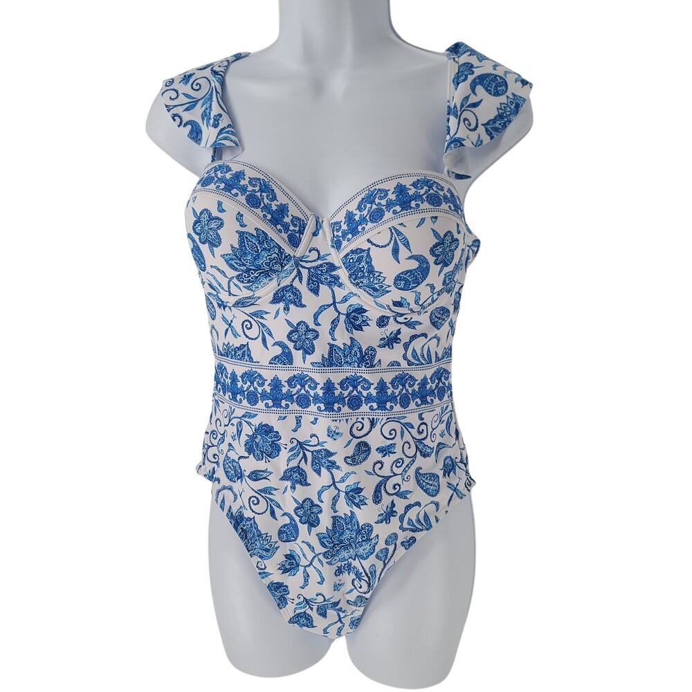 Beautiful blue/white floral one piece swim suit Size Medium Underwire lined cup